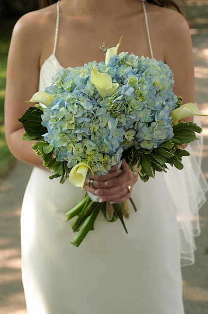 Baby Blue hydrangea and white calla lily bridal bouquet